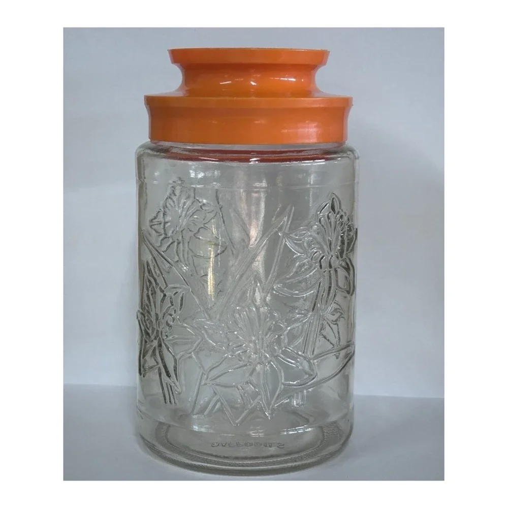 Vtg Tang Daffodil Glass Storage Jar Orange Lid VTG Marked 